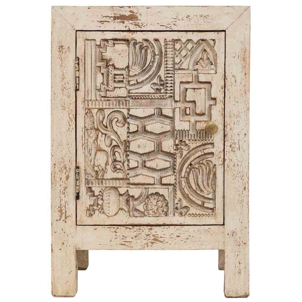 Comodino in legno intagliato a mano beige, 40x35x60h cm