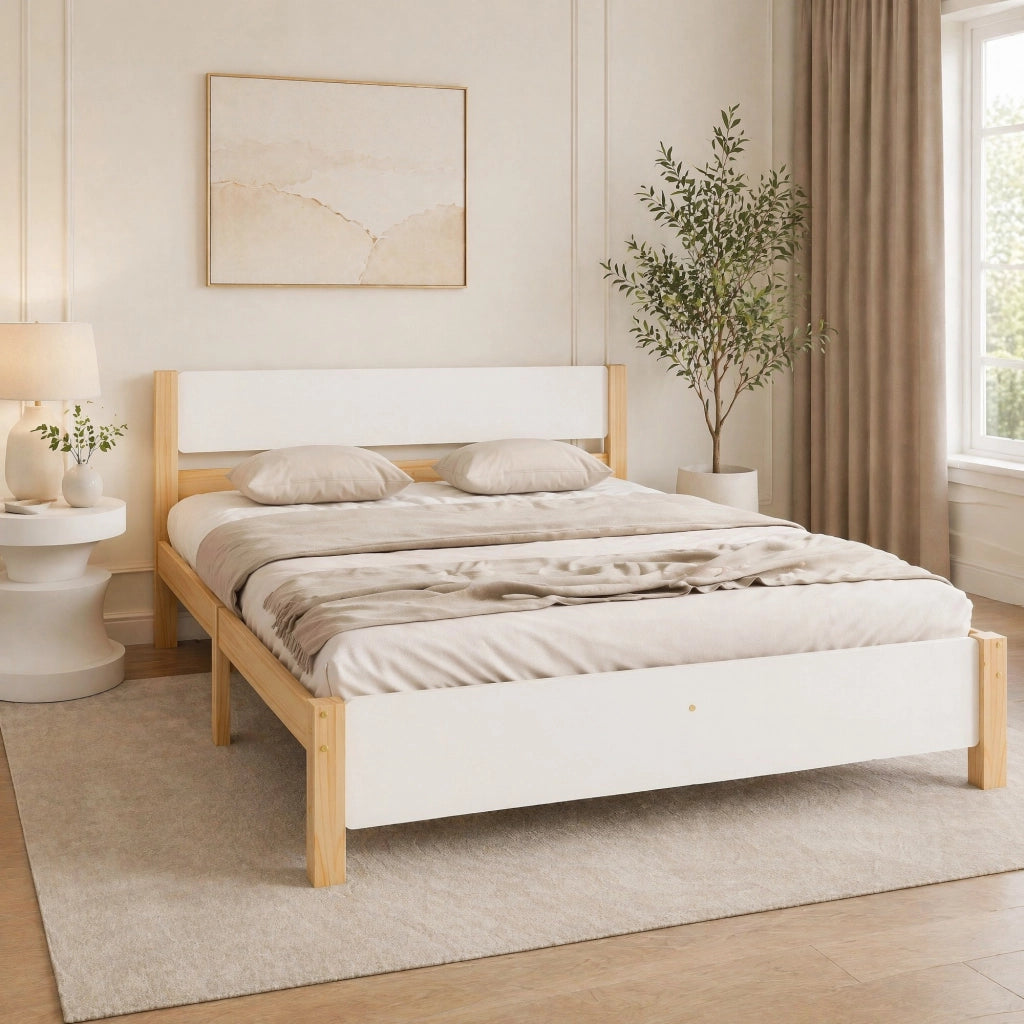 LETTO Matrimoniale 140x200 cm Bianco e Naturale in legno e MDF
