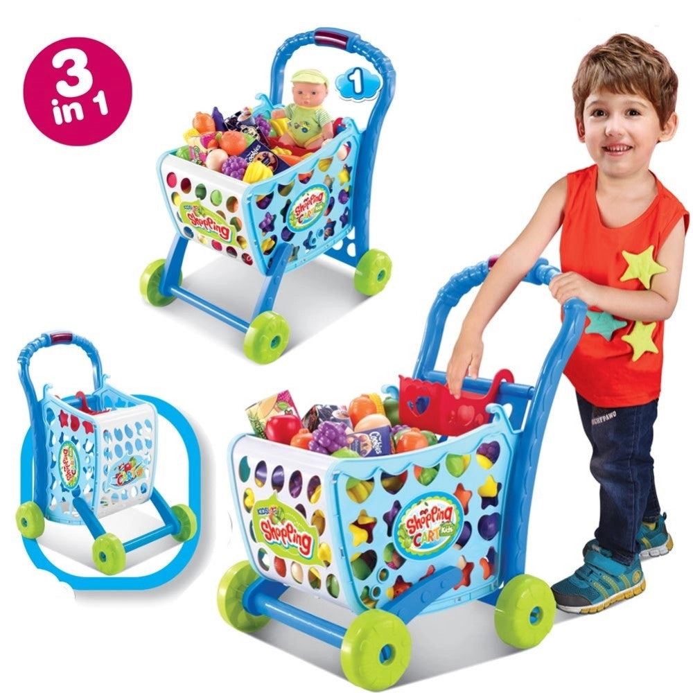 Trade Shop - Carrello Spesa Supermarket Per Bambini Rosa Azzurro Con Frutta E Verdura 3in1 -