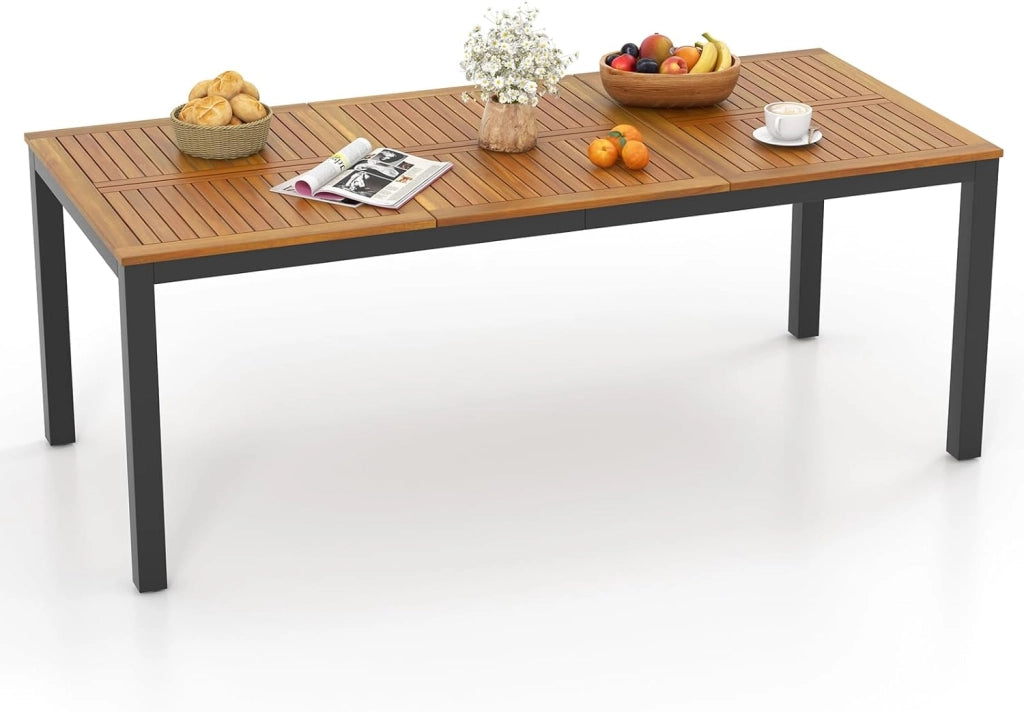 Tavolo da Pranzo a 8 Posti, Tavolo da Giardino 200 cm in Legno di Acacia, con Foro per Ombrellone da 5 cm, Gambe in Metallo, per Giardino, Cortile, Portata 75 kg (Modello 1)