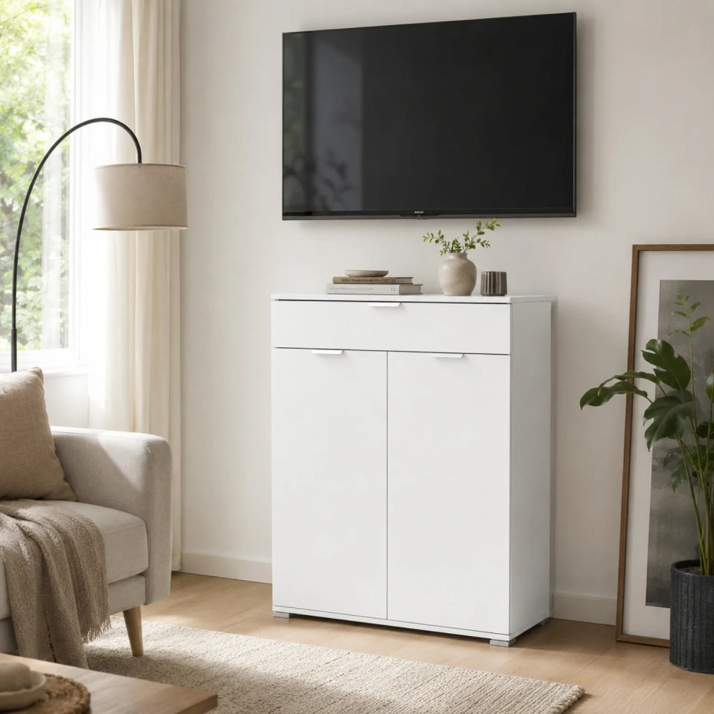 Mobile Bagno 2 Ante con Cassetto Bianco | Armadietto Multiuso Salvaspazio 75x105x38 cm | Mobile Lavanderia e Cucina con Struttura Rinforzata e Ripiani Regolabili