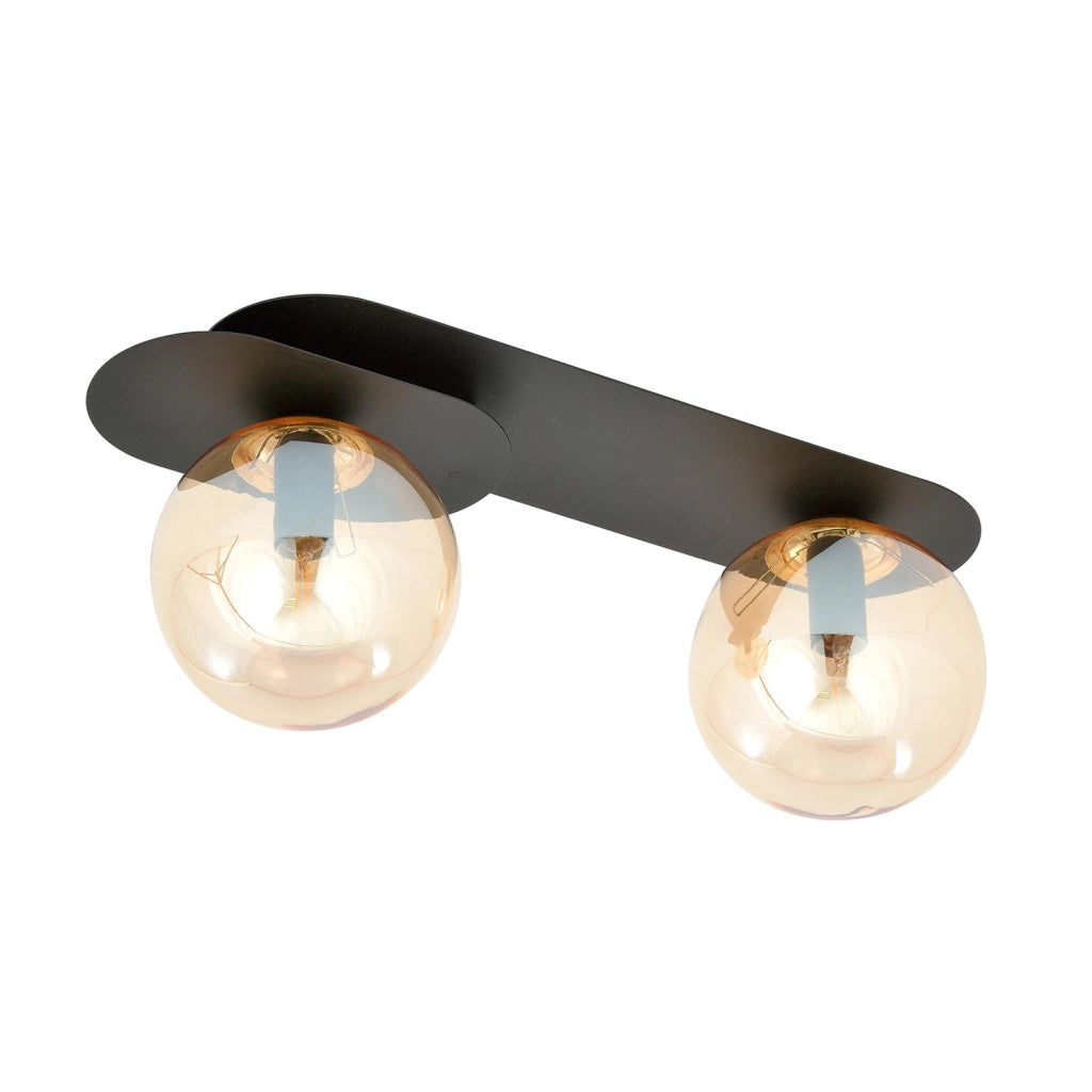 Plafoniera Minimal 2 Luci Patroclus In Acciaio Nero E Sfere Vetro Ambra