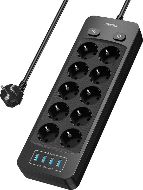 Scatola di alimentazione 10 poli con 4 porte USB di ricarica - per installazione a parete - 3680 W - 5 V 3.1 A 155 W - cavo 2 m - nero