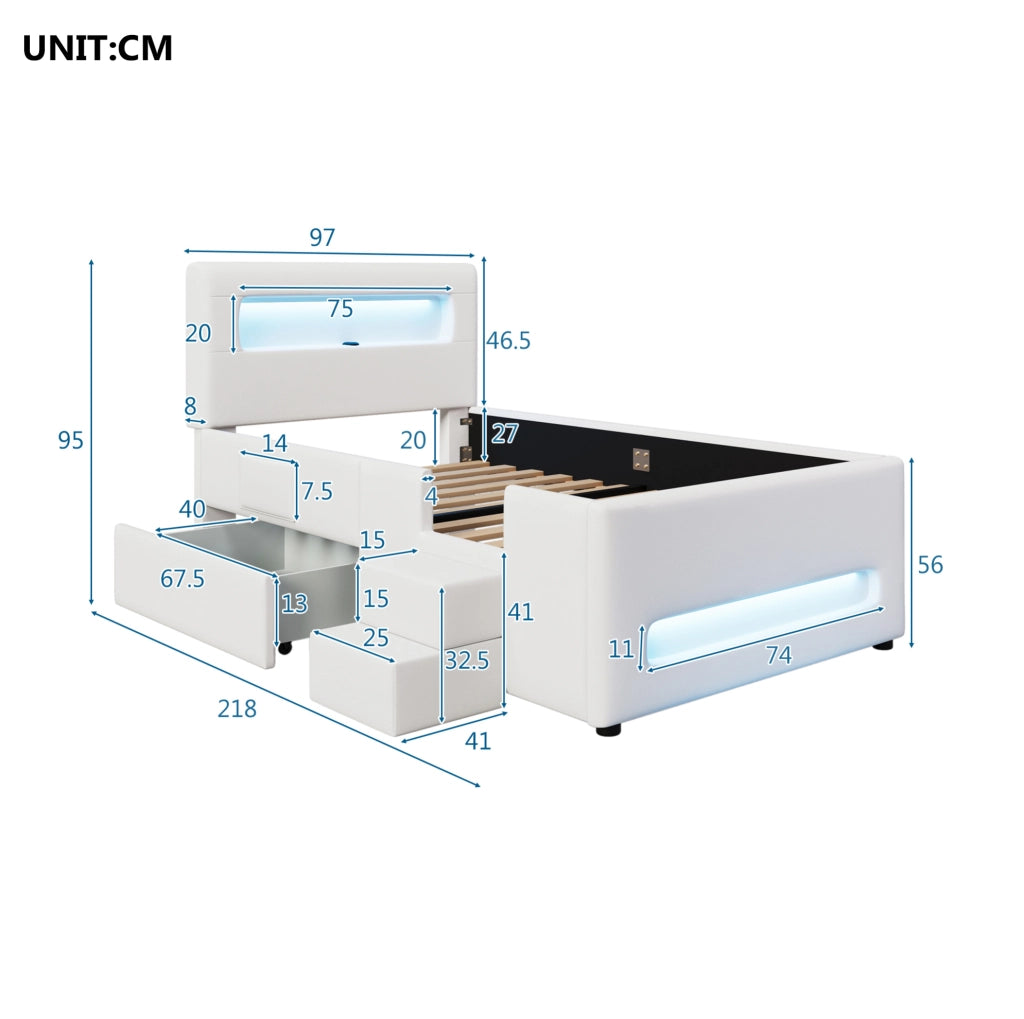 Letto imbottito 90x200 cm con LED, cassetto e scala