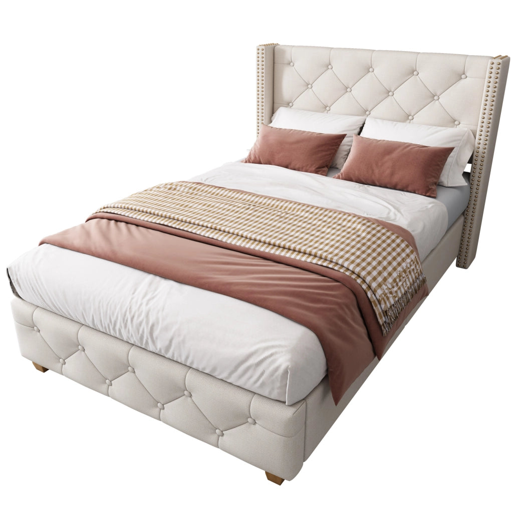 Letto imbottito 90x200 cm; testiera trapuntata e piedi rinforzati; lino beige (Senza materasso)