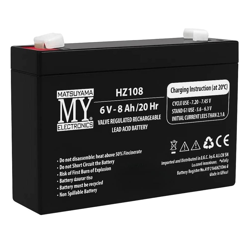 Batteria piombo 6v 8ah agm matsuyama hz108 sigillata faston 4.8mm