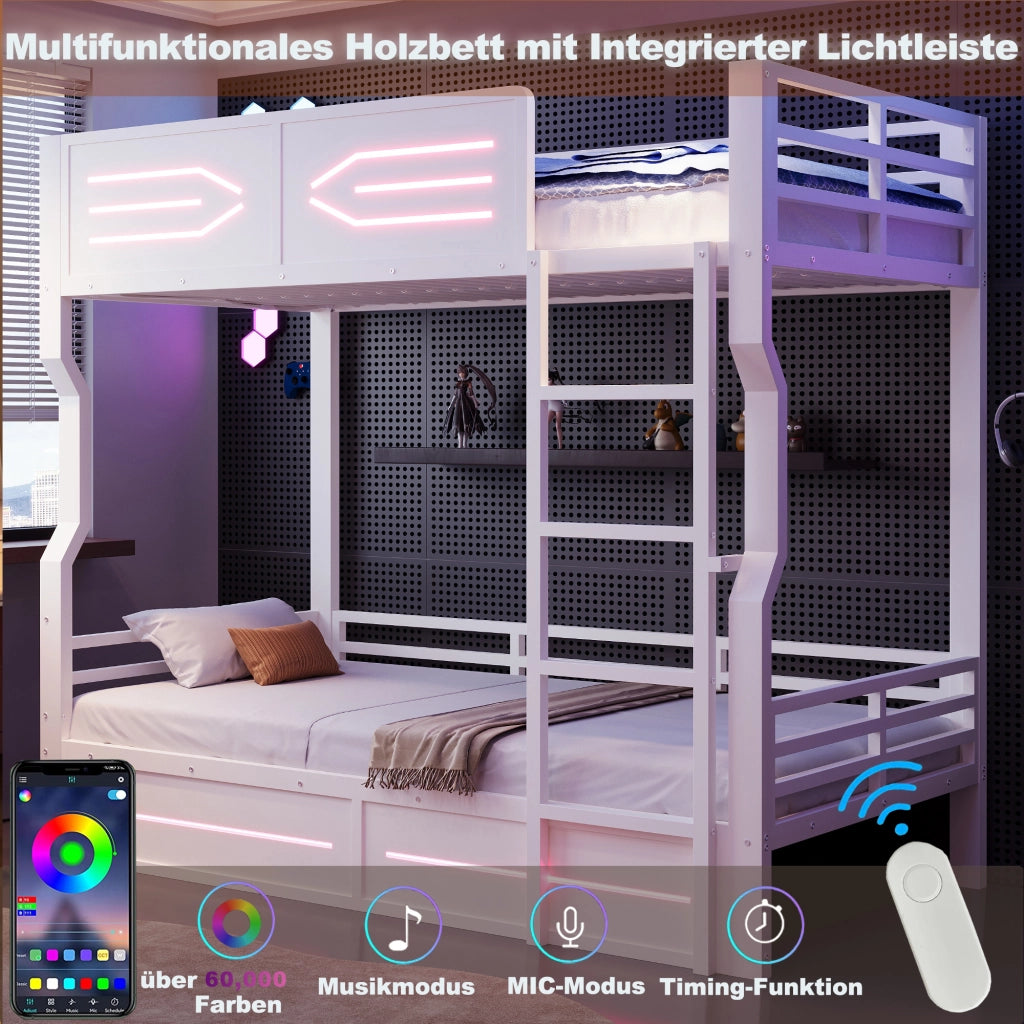 Letto a castello 90 × 200 cm con illuminazione LED, sponde di sicurezza, senza materasso, bianco