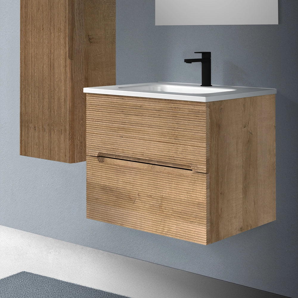 Mobile bagno sospeso 60 rovere cannettato 2 cassetti lavabo e specchio Rigo