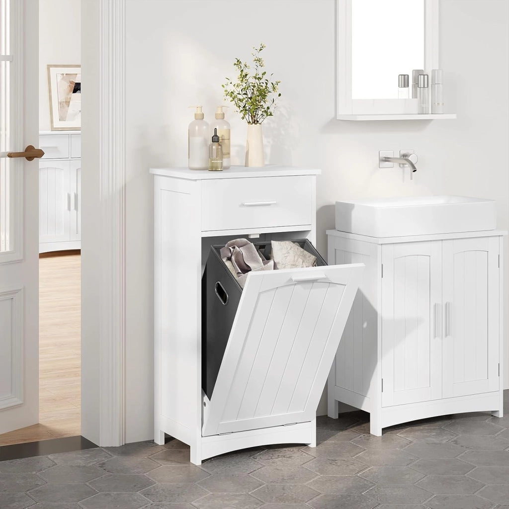 Mobile da Bagno con Portabiancheria, Cesto Portabiancheria, Mobiletto da Bagno con Cassetto, Portabiancheria a 2 Scomparti, in MDF e Tessuto, Bianco, 42x30x82cm