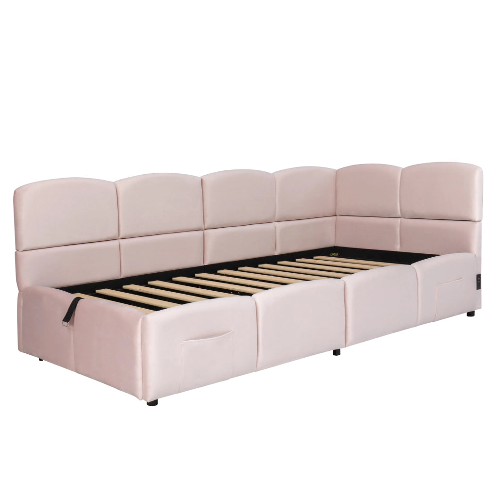 Letto Singolo Contenitore Imbottito in Velluto ¨C MINIMAL ¨C 90x200, con Rete a Doghe, Rosa