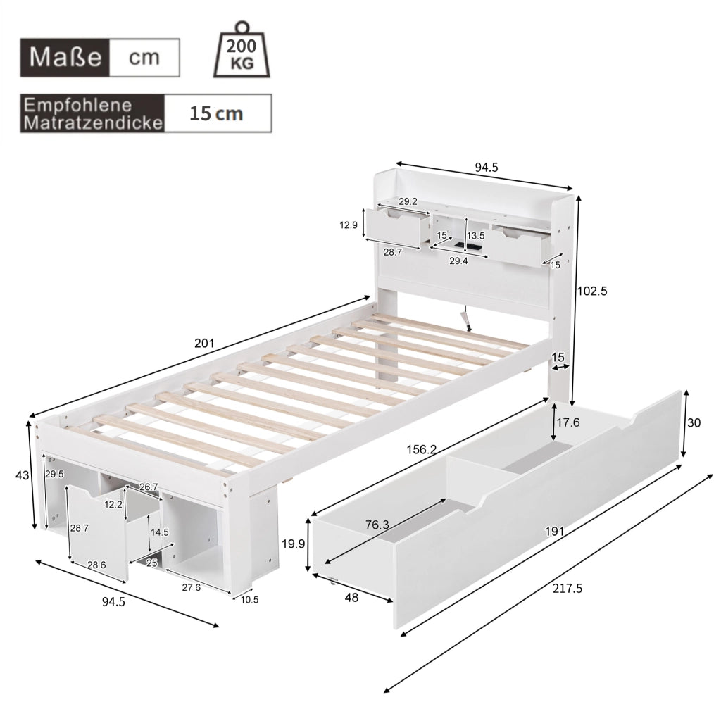 OKWISH Letto Singolo 90×200 cm con USB, Tipo C, 2 Cassetti, Armadietto Contenitore e Ripiani, senza Materasso, in Pino, Bianco
