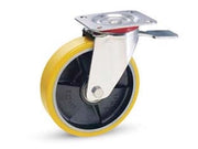 RUOTE INDUSTRIALI POLIURET. NUCLEO GHISA E PIASTRA GIREVOLE FRENO 24  ø mm.100x25 piastra mm.100x85  128h. p. kg.120    AVO