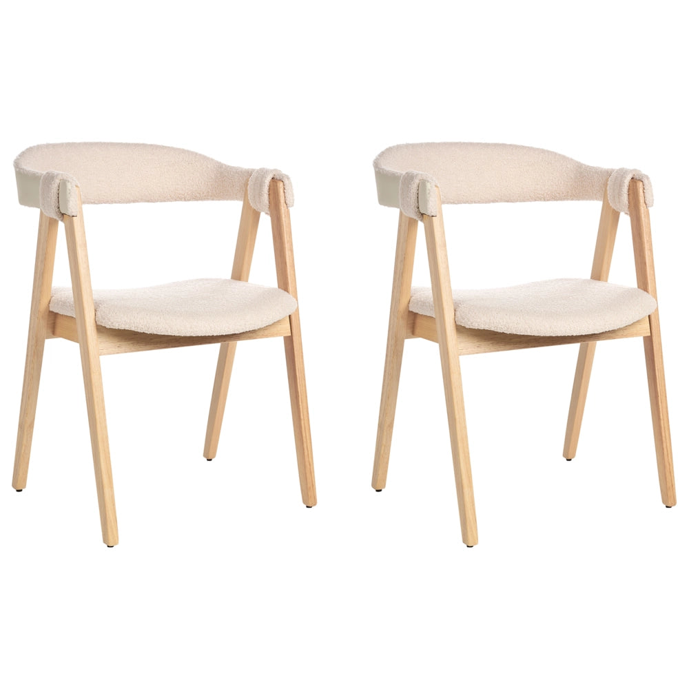 Set di 2 sedie da pranzo in legno chiaro e compensato beige in tessuto boucle di poliestere Gambe in legno di gomma Stile tradizionale retrò