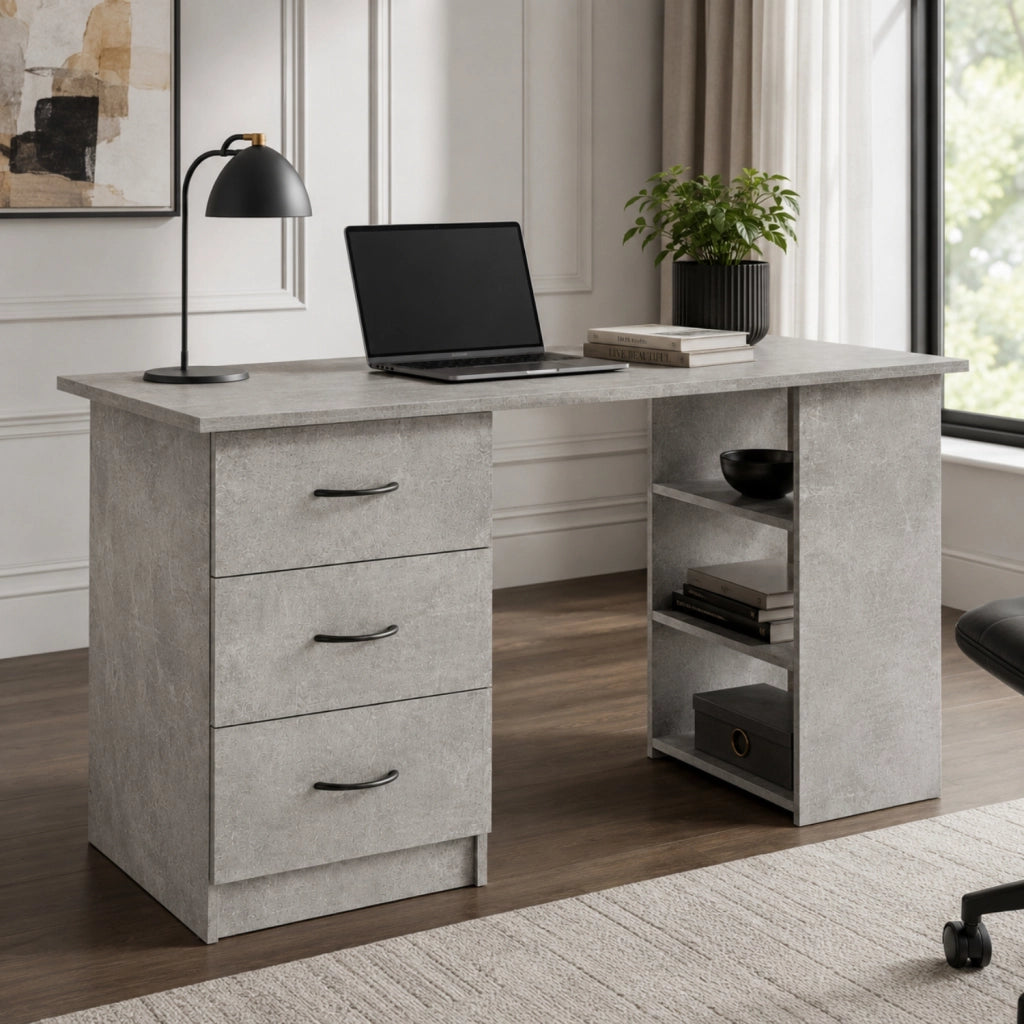 Scrivania Per Studio Con 3 Cassetti E 3 Vani A Giorno Scrittoio In MDF Resistente Dallo Stile Minimal Per Ufficio Cameretta E Smart Working 120 x 49 x 72 Cm Grigio Cemento