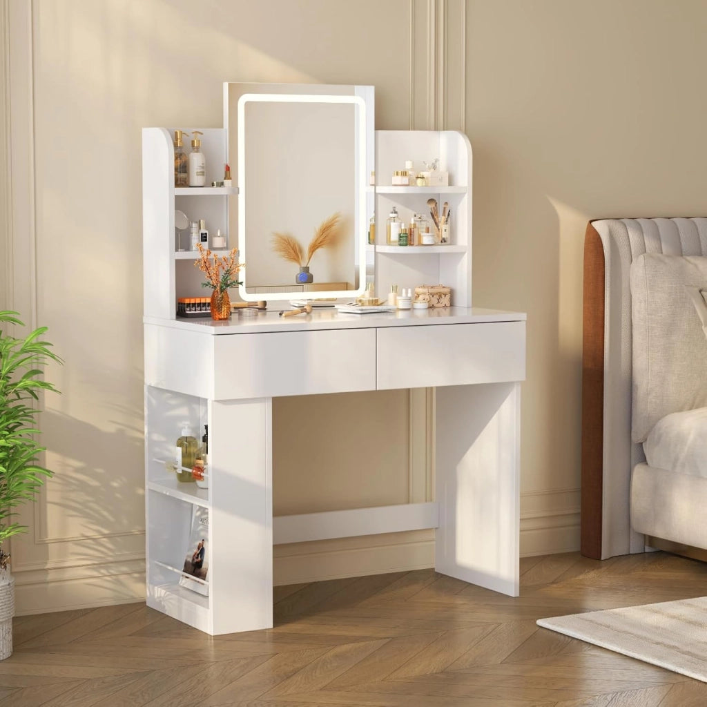 Toeletta Trucco con Luci LED 3 con Luminosità Regolabile,Tavolo da Trucco con Specchio, Ripiani Regolabili, 2 Cassetti, in Legno,Moderno (Bianco, 90cm)
