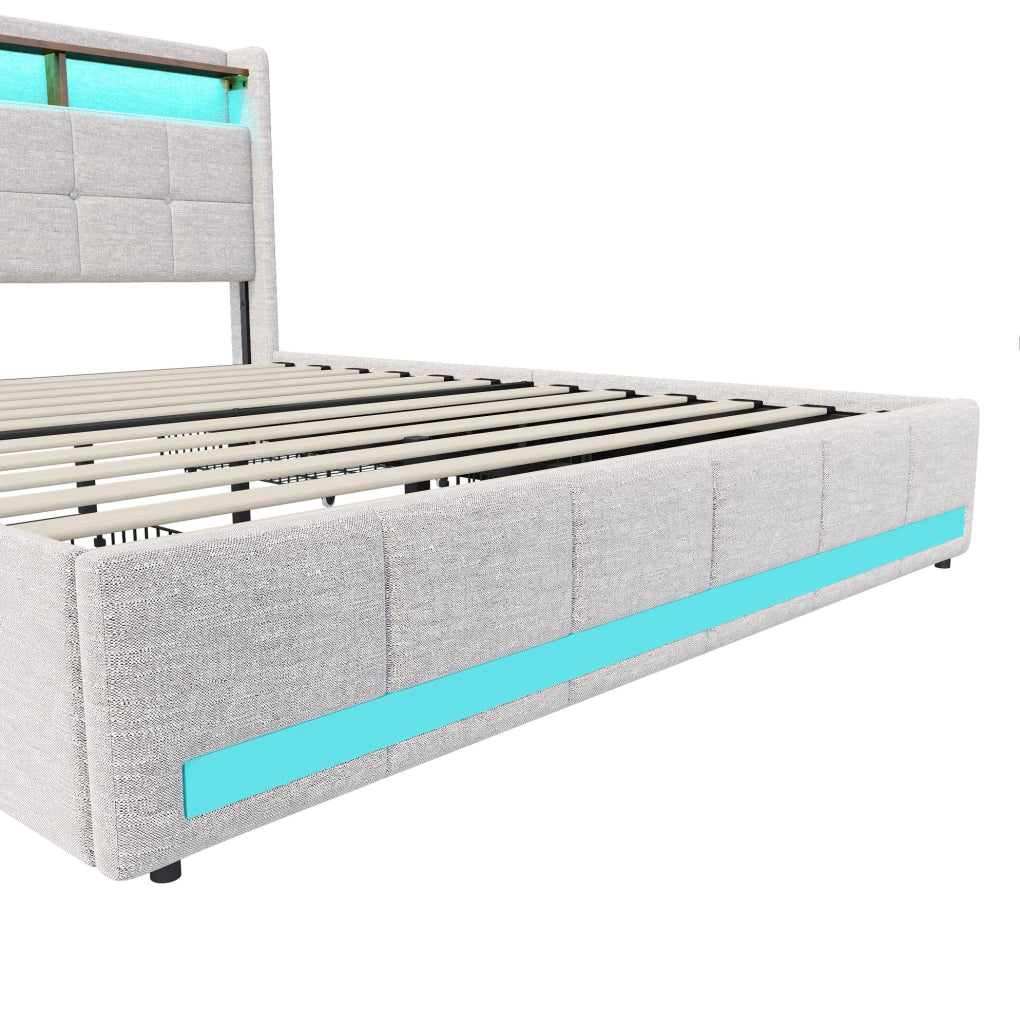 Letto con contenitori estraibili laterali e LED; legno massello e MDF; beige