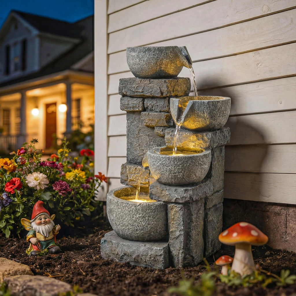 Fontana da Giardino a 4 Livelli con Luce LED ¨C zephmum ¨C Grigio