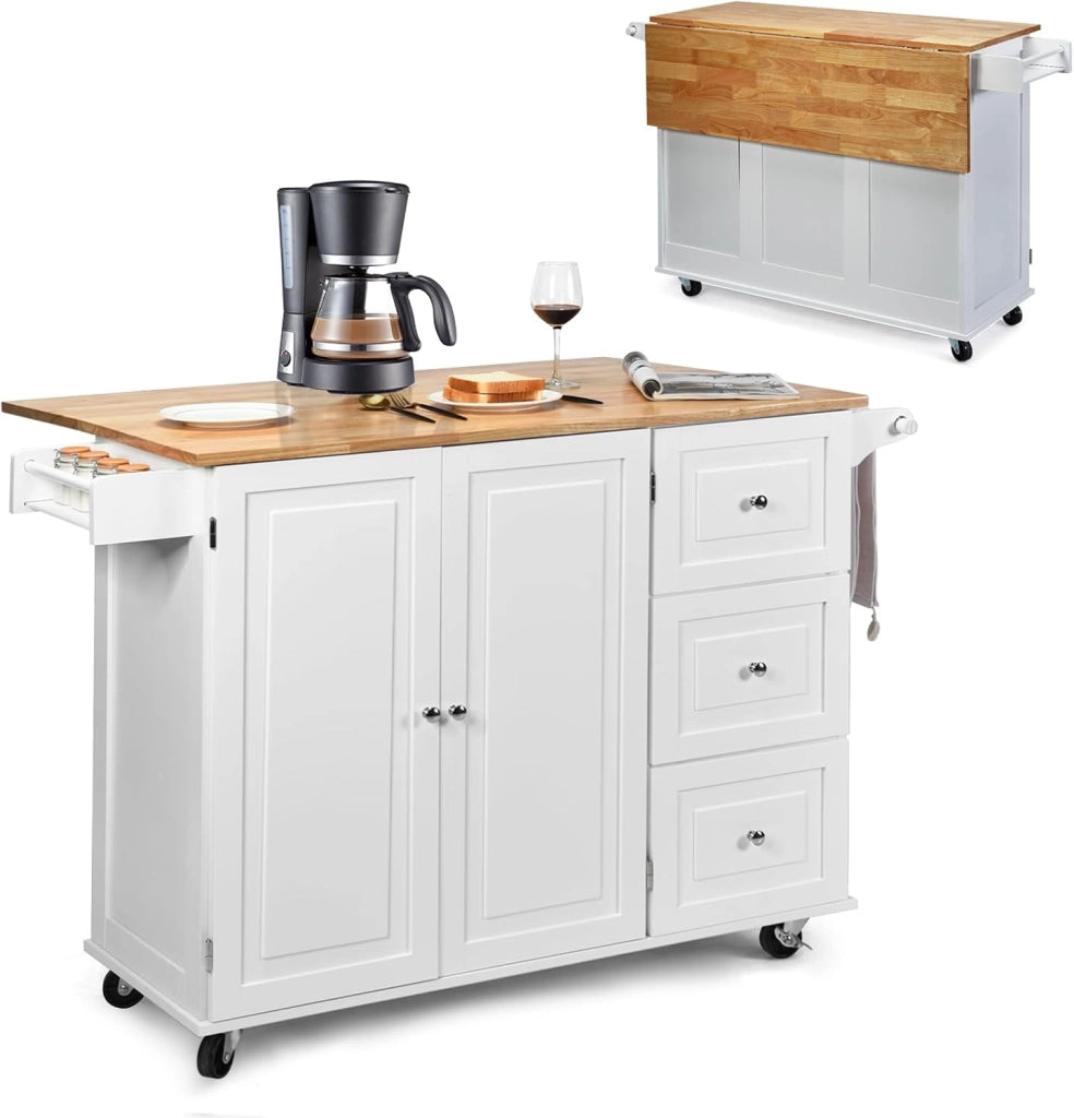 Carrello da Cucina con Pannello Pieghevole Portato fino a 50 kg, Isola da Cucina 43x136x91cm, Carrello Portaoggetti in Legno con Ruote, Multifunzione e Grande, Nero (Bianco)