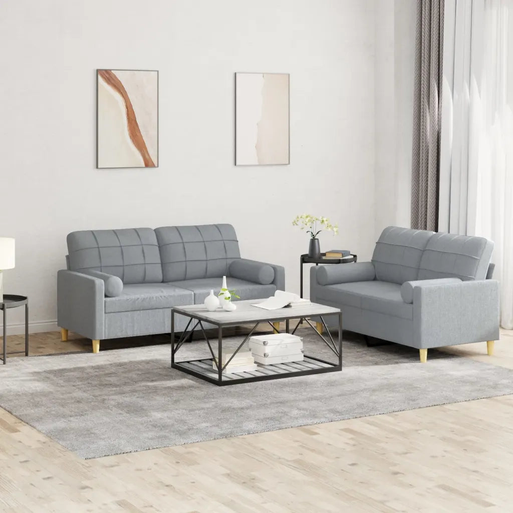 Set Divani 2 pz con Cuscini Grigio Chiaro in Tessuto
