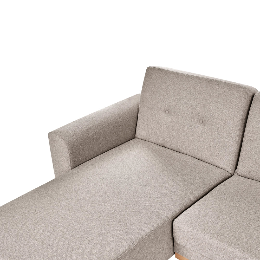 Divano Angolare ad Angolo Destro Beige in Tessuto Imbottito a L con Seduta Trapuntata Cuscini Decorativi e Funzione Letto