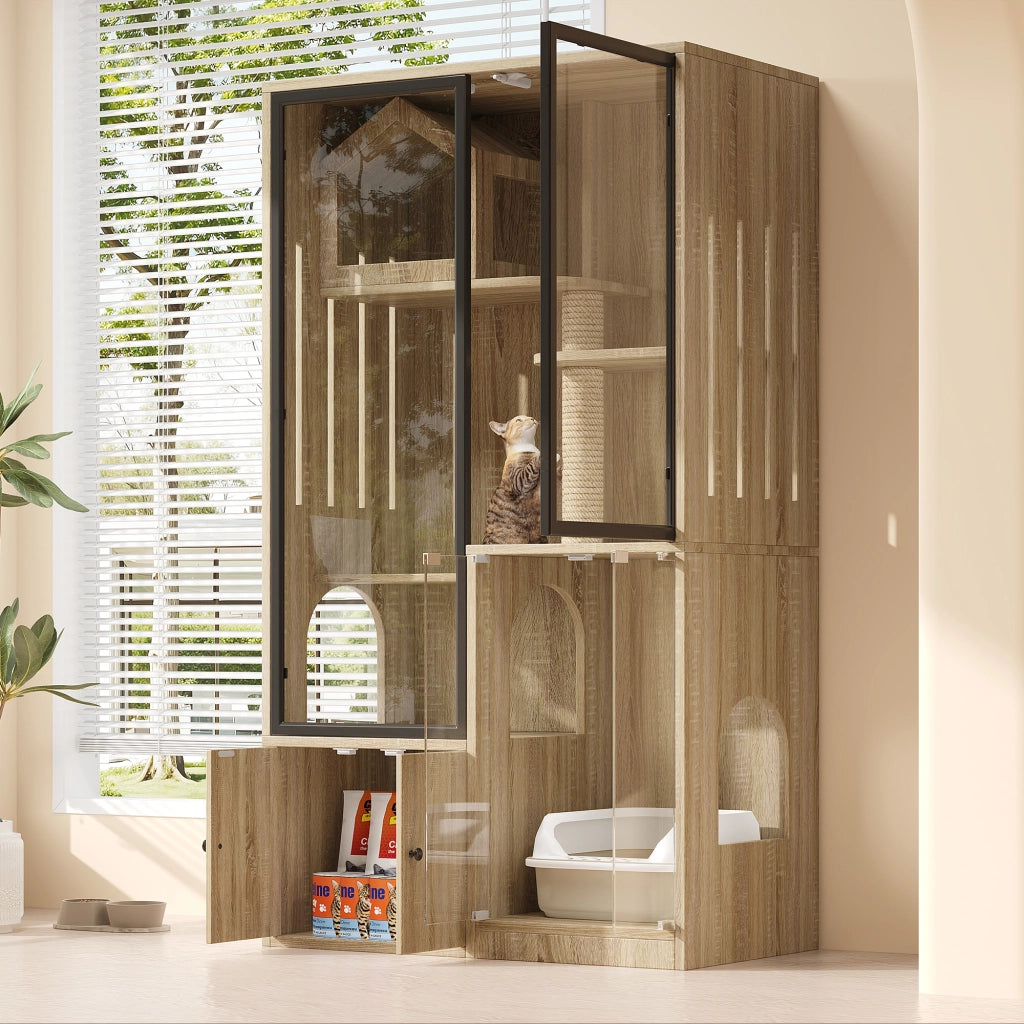 Gabbia per gatti a 4 piani in vetro, 90x50x160 cm, colore legno naturale, con tiragraffi, resistente all'inverno