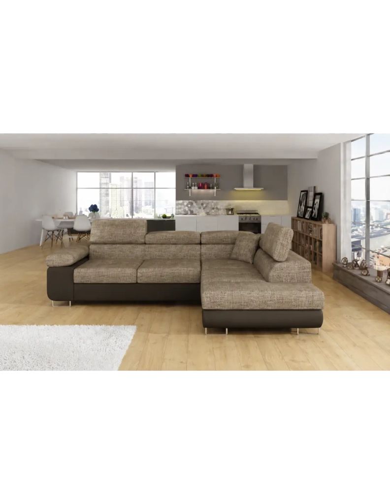 Divano angolare convertibile MENTON beige e marrone bouclé – 4 posti con contenitore