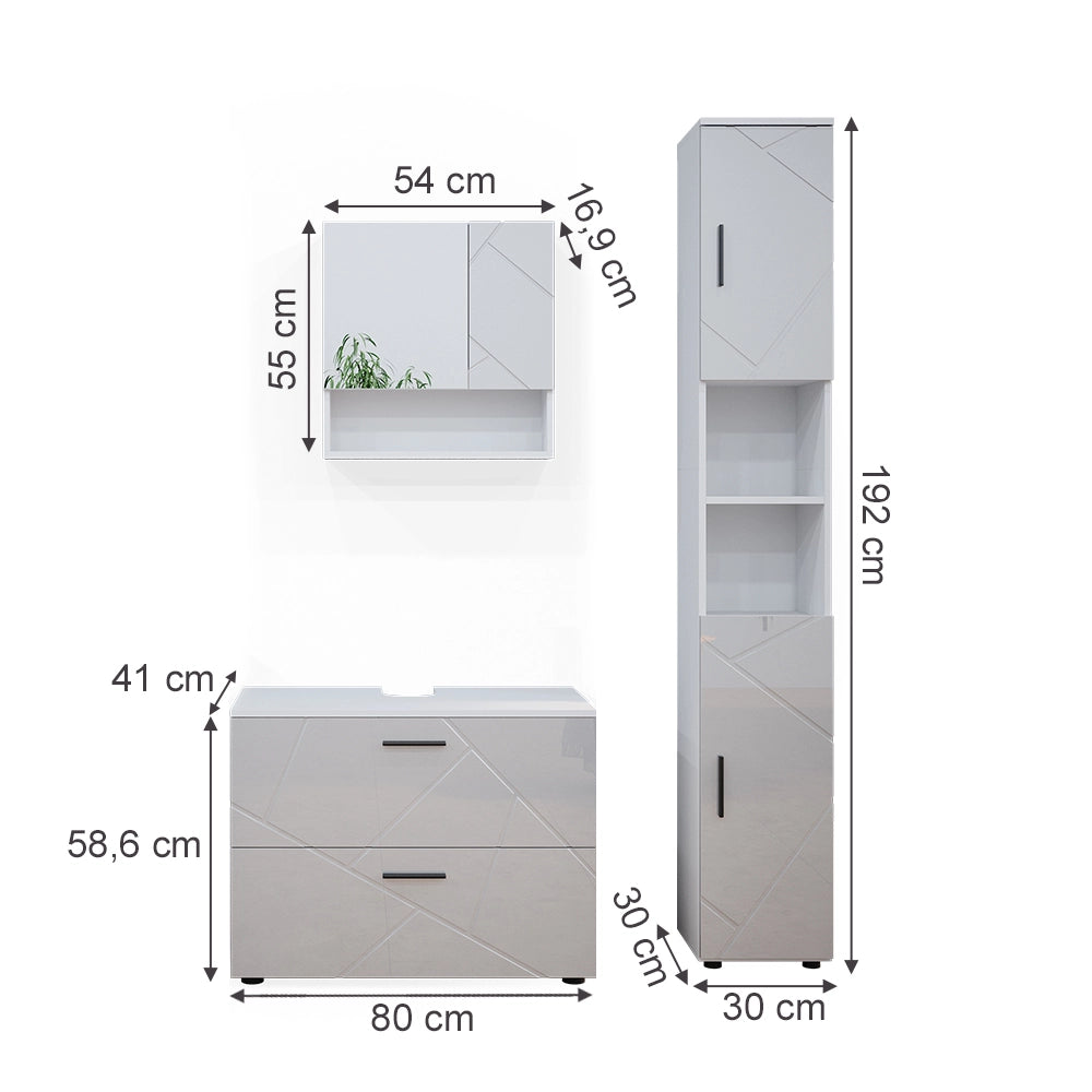 Vicco Set mobili bagno Bianco lucido 3 parti, con cassettiera e colonna
