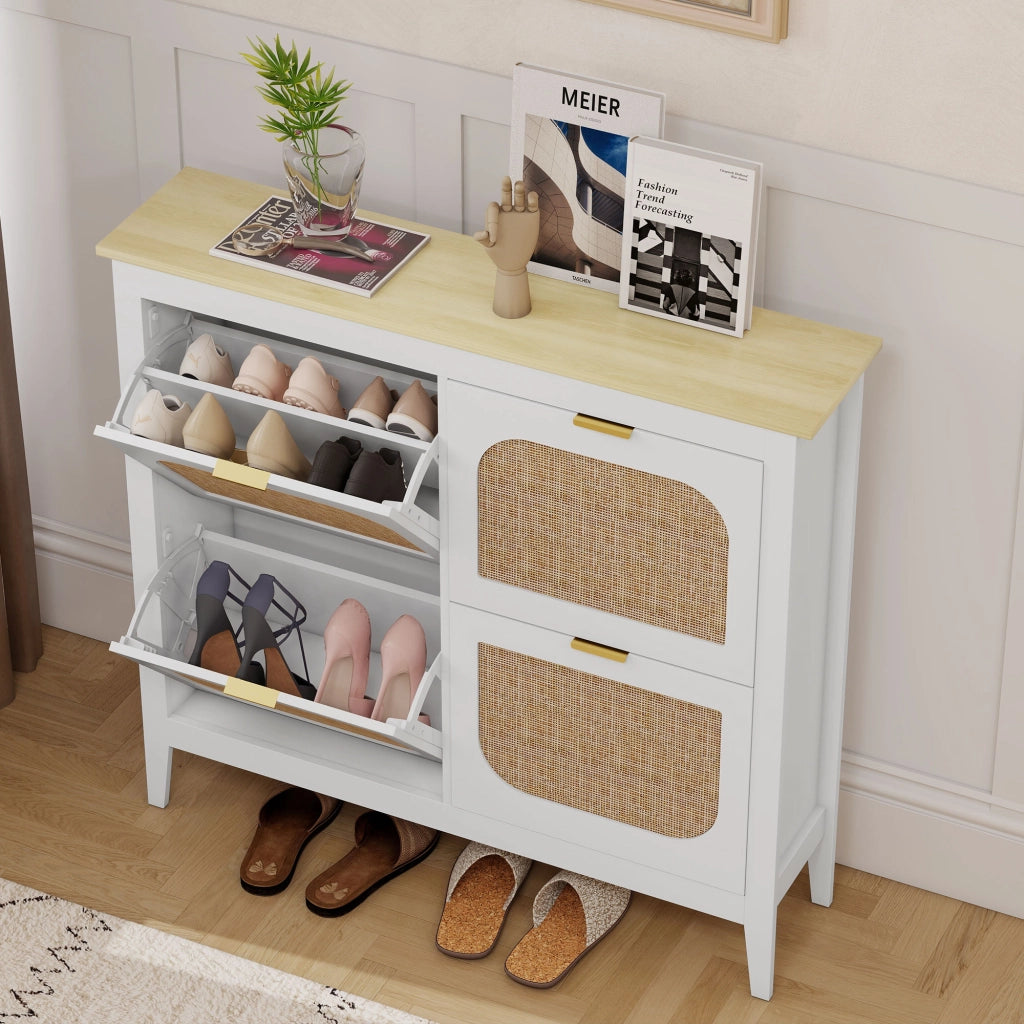 Scarpiera 20 paia con 4 ante ribaltabili effetto rattan ¨C Xylo ¨C Bianco 105x24x95,5 cm
