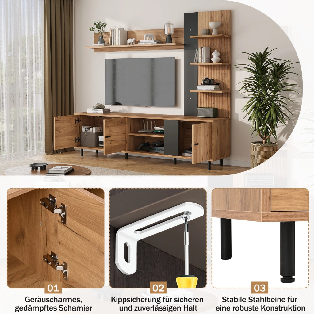 Mobile porta TV con 3 armadi e ripiani aperti in legno e nero per soggiorno e camera da letto 187,5 × 40 × 167 cm