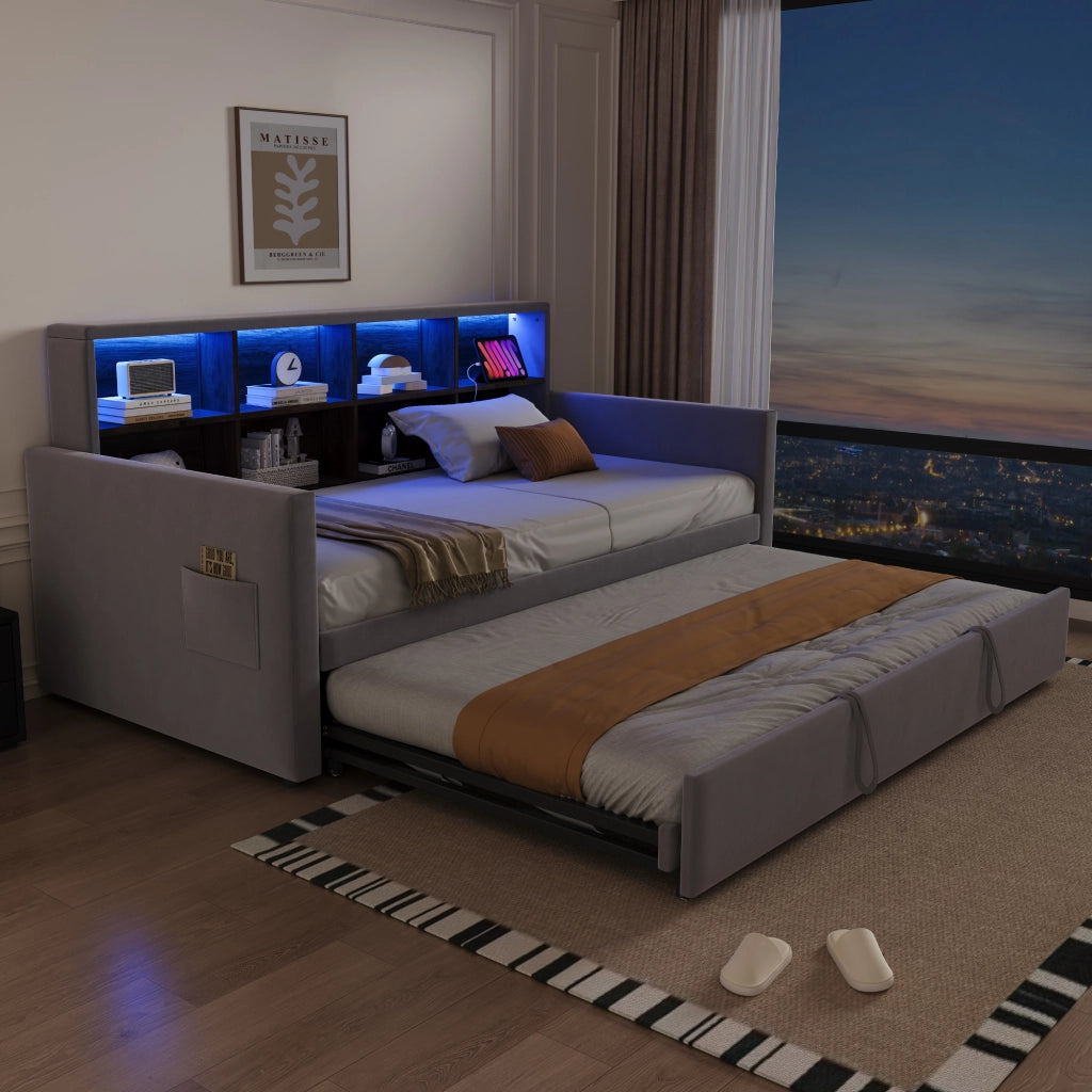 Letto imbottito estraibile 90x190 cm con testiera contenitore, luci LED, prese di ricarica e rete a doghe, colore grigio chiaro