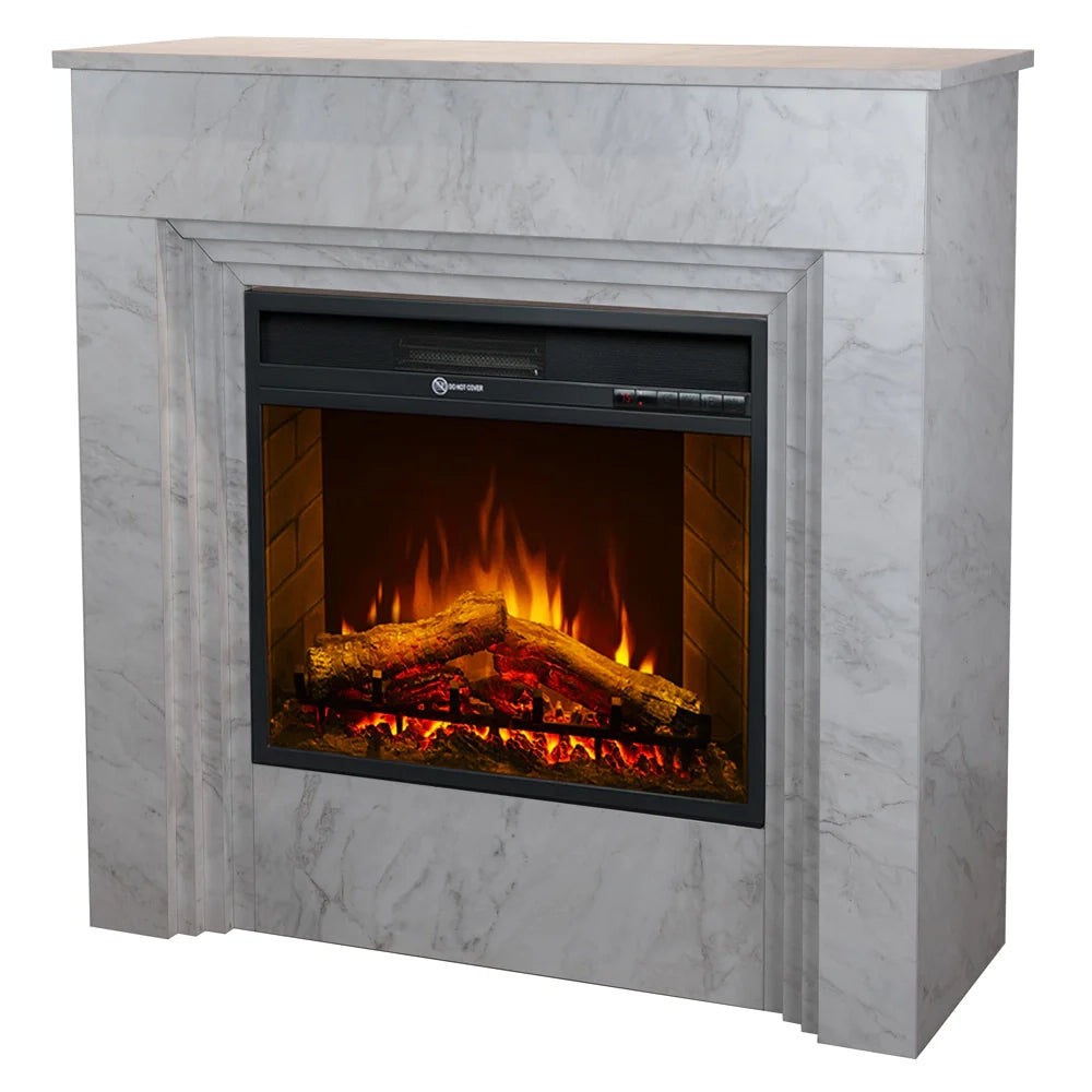 Camino elettrico caminetto da terra BELLINI in legno effetto Marmo Bianco Made in Italy L96 x P35 x H96