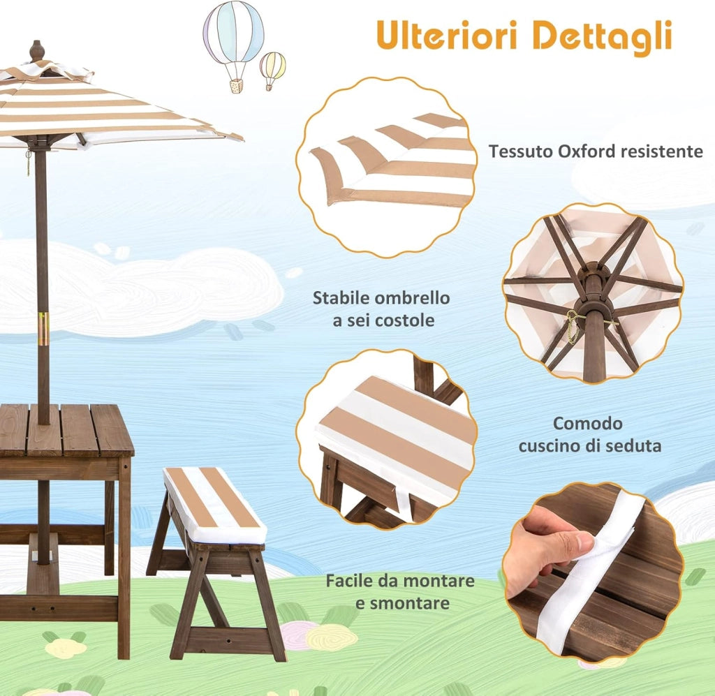 Tavolo da Picnic per Bambini con Parasole Pieghevole, Set di Tavolo e Panca in Legno con Cuscini, per Giardino, Cortile, Patio (Marrone)