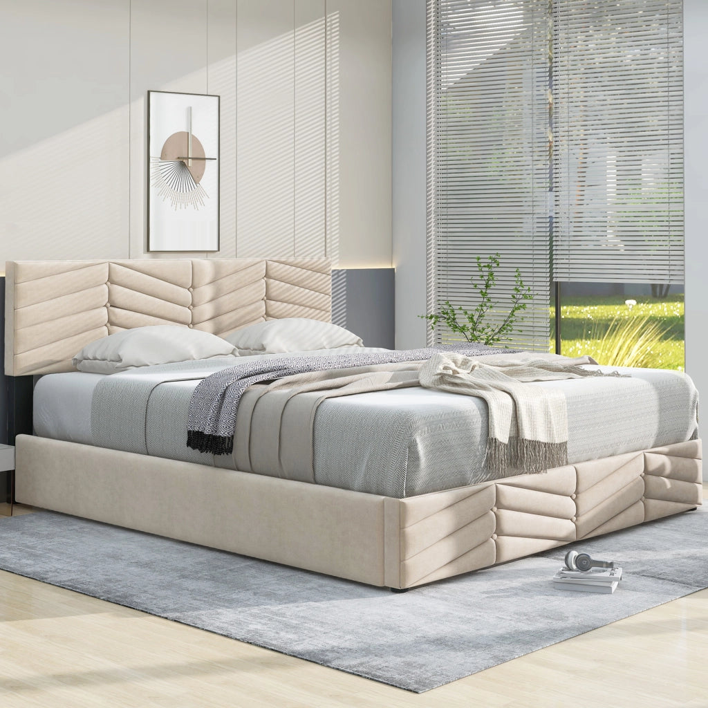 OKWISH Letto Imbottito 140×200 cm, Letto Matrimoniale con Testiera Regolabile e Doghe in Legno, senza Materasso, Velluto, Beige