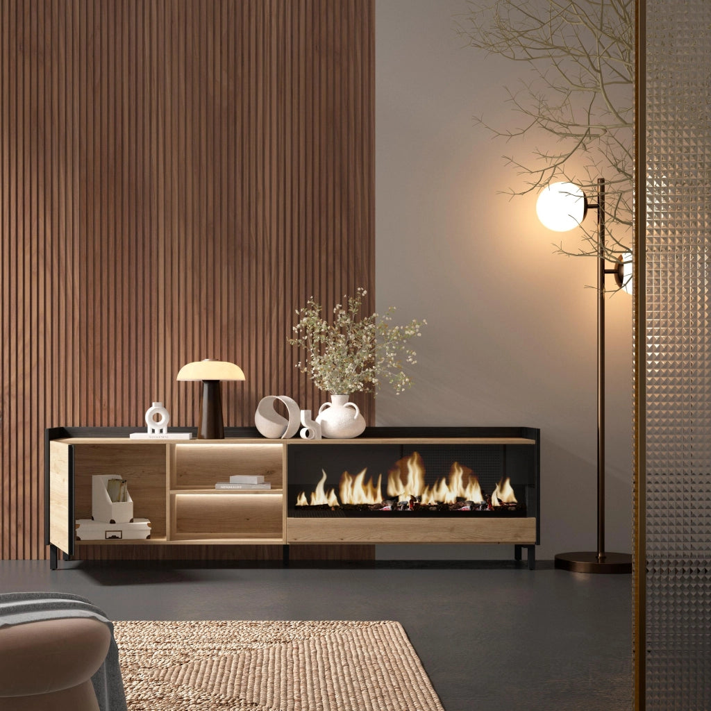Mobile TV Soggiorno, 212x61x35 cm, Per TV fino a 80", Camino elettrico XXL, Design industriale, LED, Rovere e nero