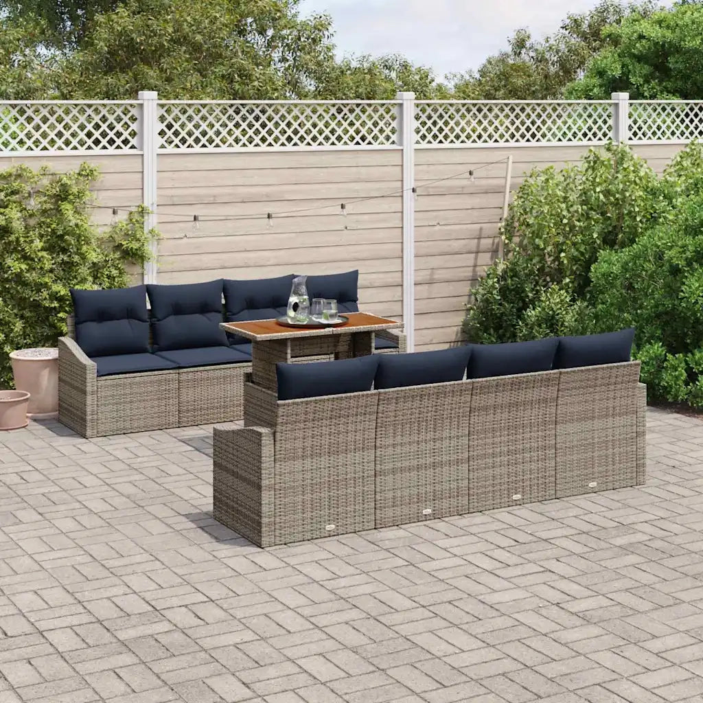 Set Divano da Giardino 9 pcs Grigio Poly Rattan