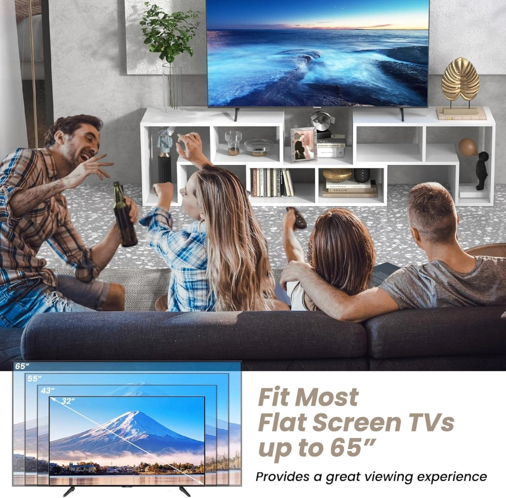 Mobile TV con Ripiani Aperti, Supporto per TV Moderno Fino a 65 Pollici, Ideale per Soggiorno,Camera, 2 Colori,134-180x30x43 cm (Bianco)
