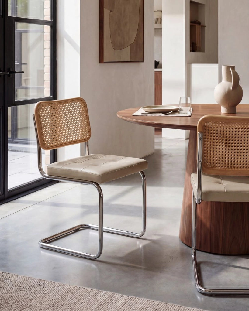 Set di 2 sedie da pranzo in ecopelle tortora con base a sbalzo in metallo stile vintage retrò