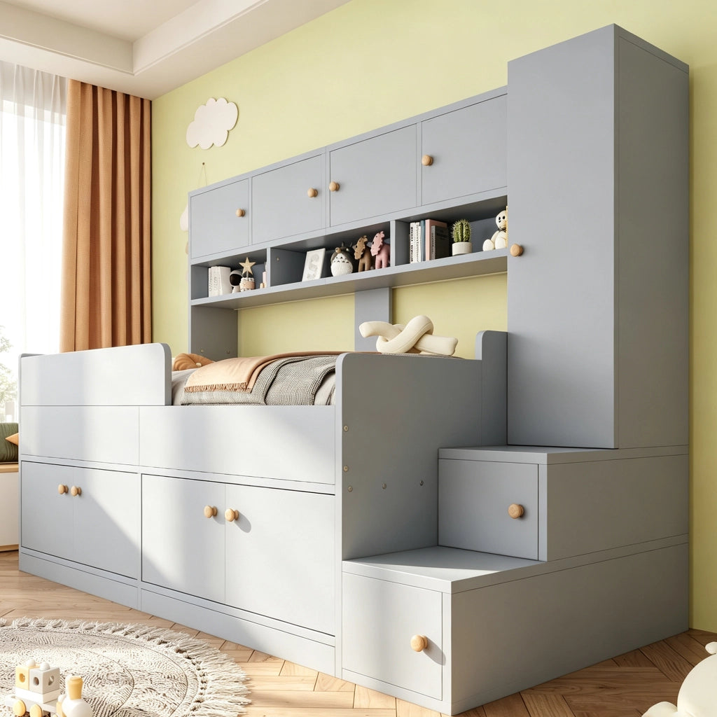 Letto a soppalco 90x200 cm con armadio; ripiani; scala; LED e parapetto di sicurezza; legno grigio