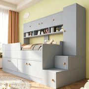 Letto a soppalco 90x200 cm con armadio; ripiani; scala; LED e parapetto di sicurezza; legno grigio