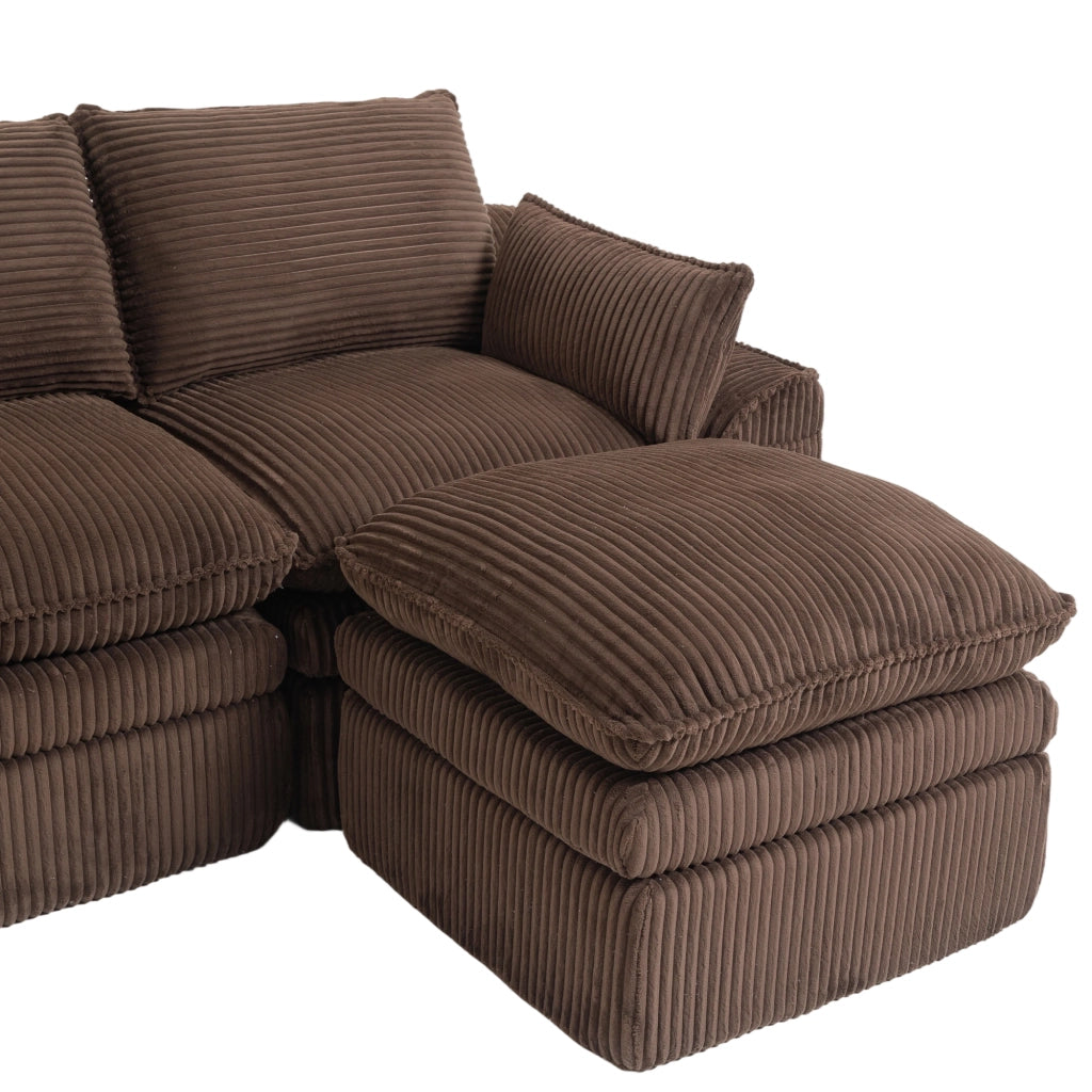 Divano modulare 4 posti con 2 pouf; tasche laterali e cuscini in tessuto a coste marrone