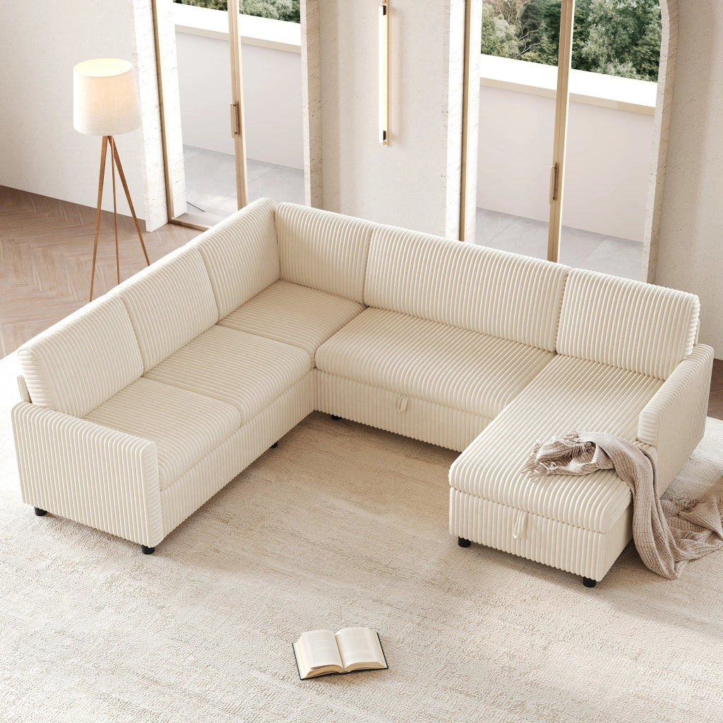 Divano a U con letto estraibile e vano contenitore in tessuto a coste beige 274 × 220 × 85 cm