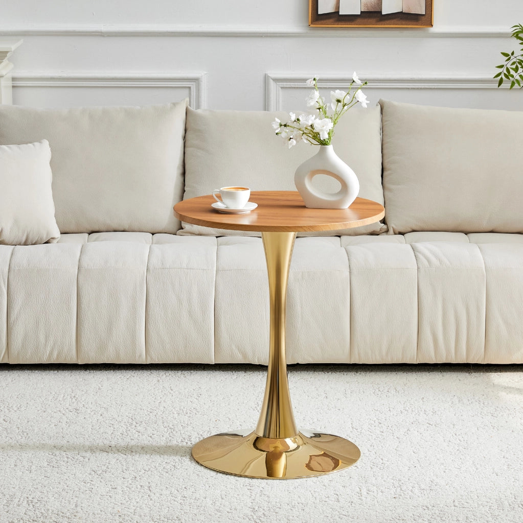 Tavolino rotondo moderno in MDF e metallo; altezza 72 cm; effetto legno e oro