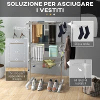 Stendino Verticale Pieghevole in Acciaio e Plastica con 6 Ruote e 3 Ripiani Regolabili, 142x55x172 cm