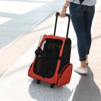 Trasportino Zaino 2 in 1 per Cani e Gatti con Tasche Laterali, Maniglia Telescopica e Ruote, 42x25x55cm, Rosso