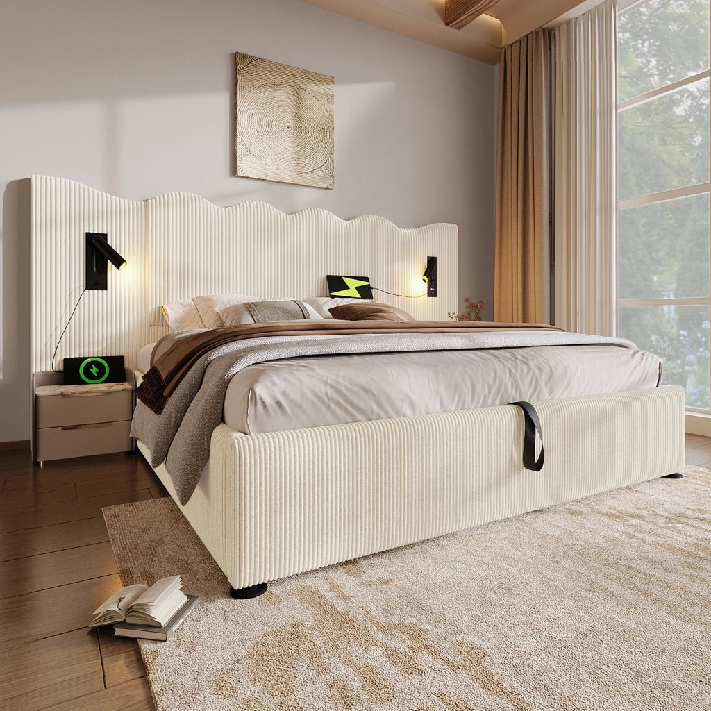 OKWISH Letto Contenitore 180×200 cm, Letto Matrimoniale con Lampada da Lettura, USB, Tipo C e Testiera Ondulata, senza Materasso, Beige