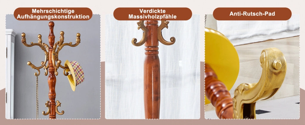 Scaffale appendiabiti in legno massiccio con struttura a più livelli e ganci, base stabile, color legno 195 × 31 × 48 cm
