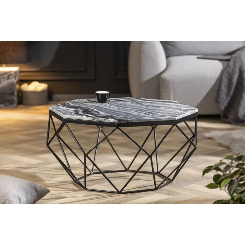 Tavolino basso NEXORA 70 cm in marmo grigio e metallo nero design geometrico