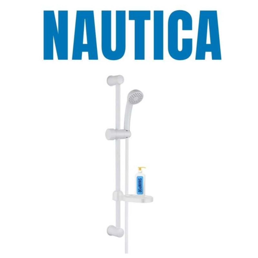 Saliscendi in abs bianco blush con doccetta e portasapone par campeggio nautica giardino