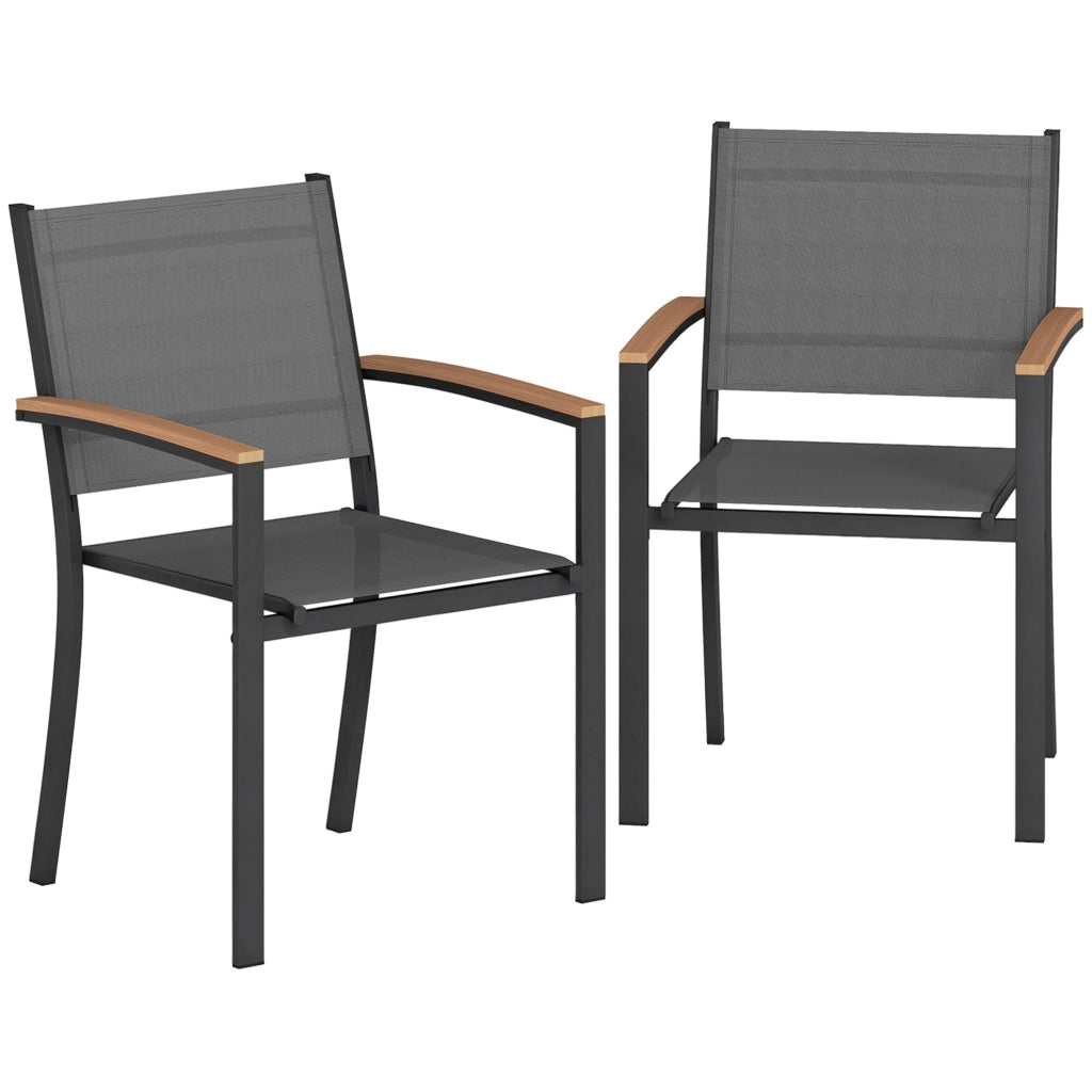 Set 2 Sedie da Giardino in Texteline e Metallo con Braccioli Effetto Legno, 56x62x89 cm, Grigio