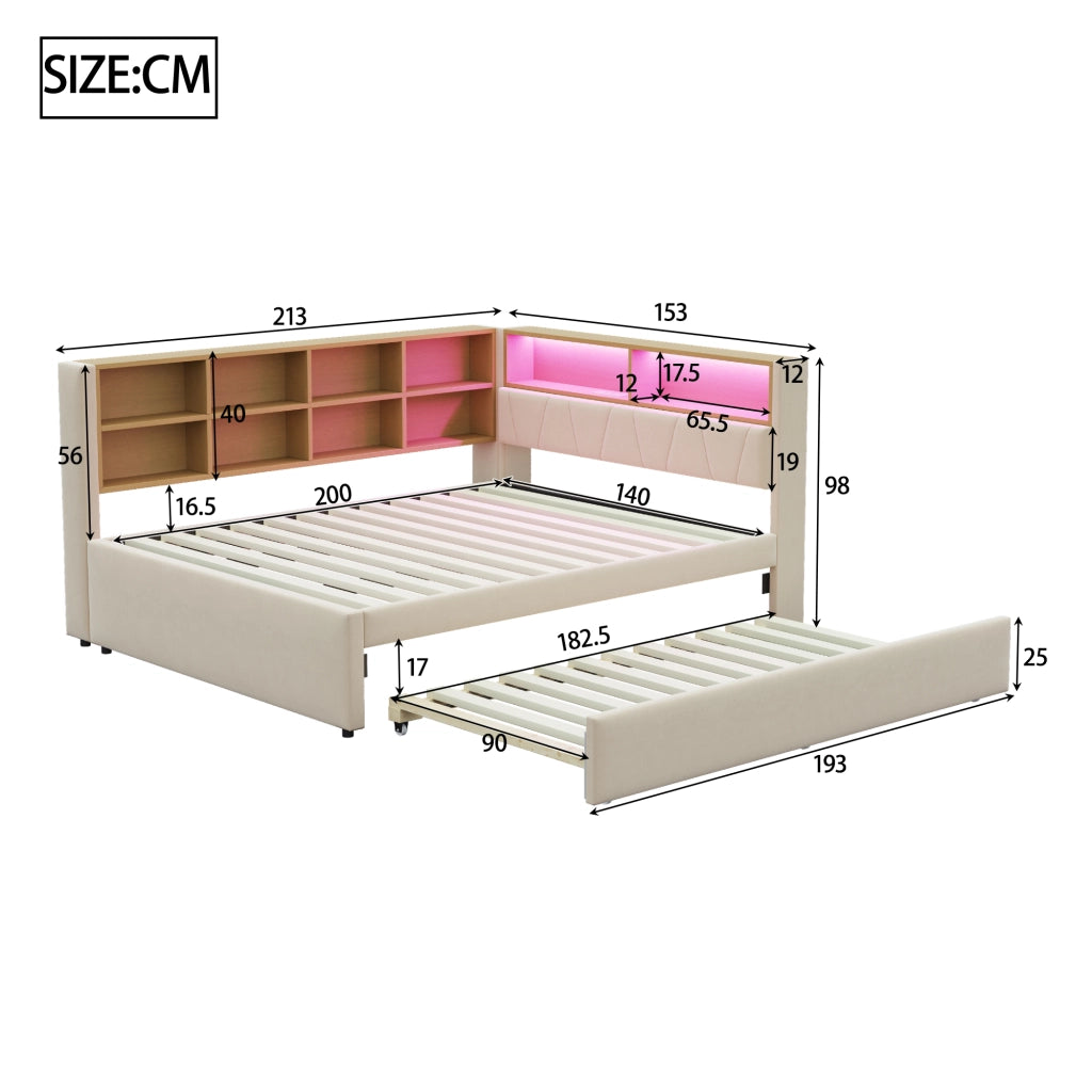 Letto estraibile matrimoniale 140×200 cm e 90×190 cm con LED; USB; Type-C e vani portaoggetti; senza materasso; beige